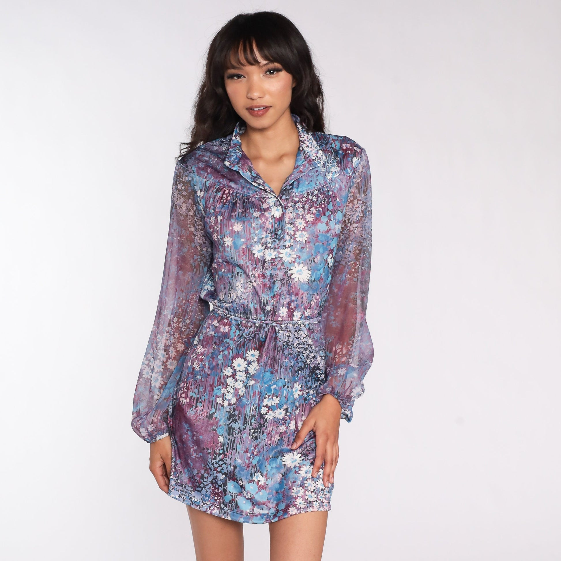 70s Floral Mini Dress Purple Blue Button-Up High Waist Long Sheer Sleeve Large