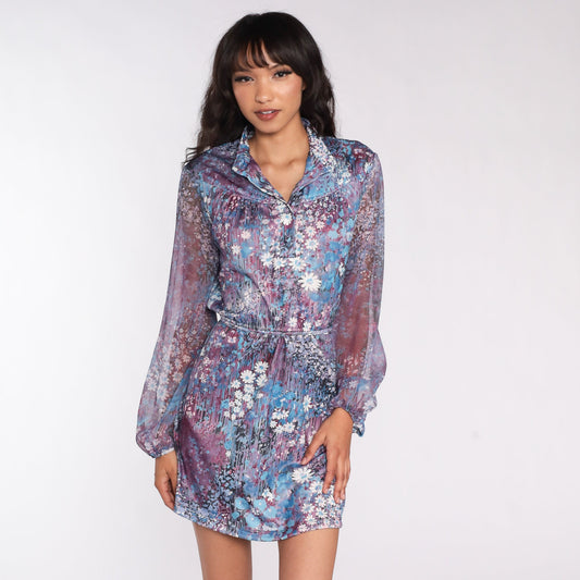 70s Floral Mini Dress Purple Blue Button-Up High Waist Long Sheer Sleeve Large