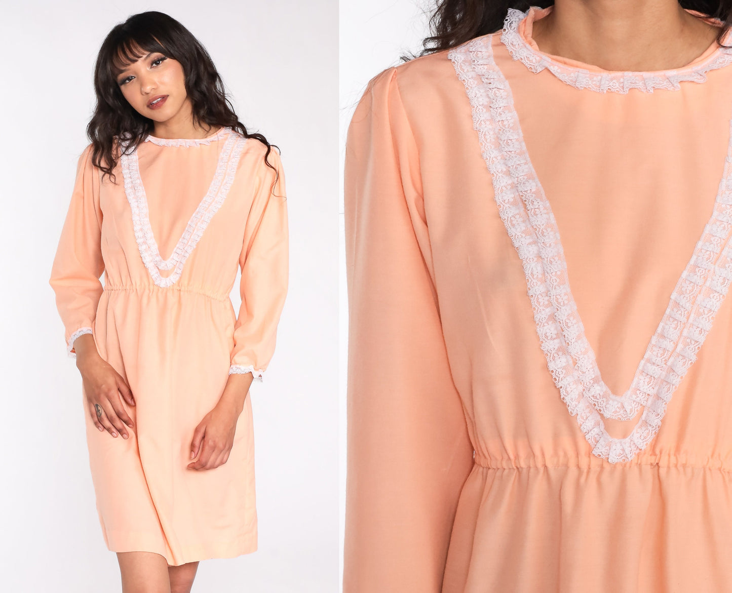 70s Peach Lace Mini Dress Puff Sleeve High Waist Medium