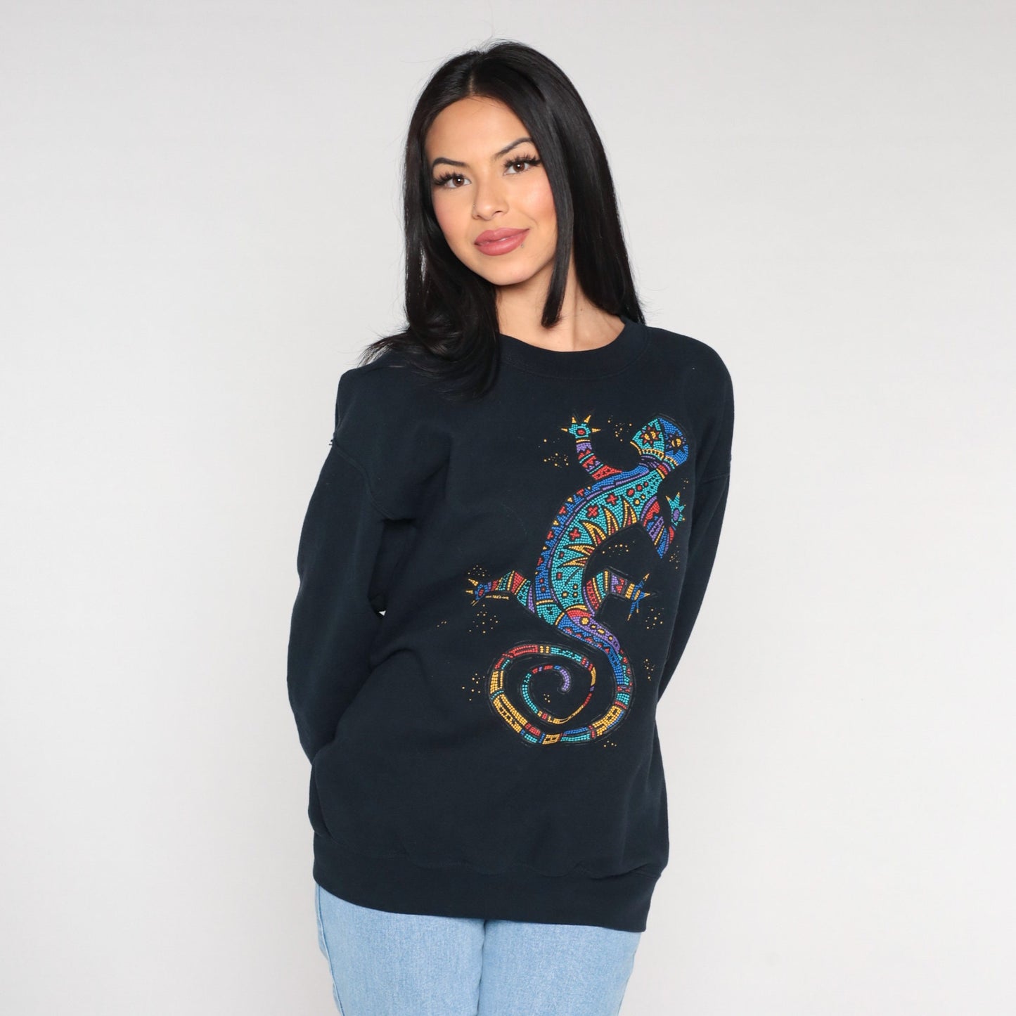 Y2K Tewa Tees Gecko Sweatshirt Black Graphic Crewneck Medium
