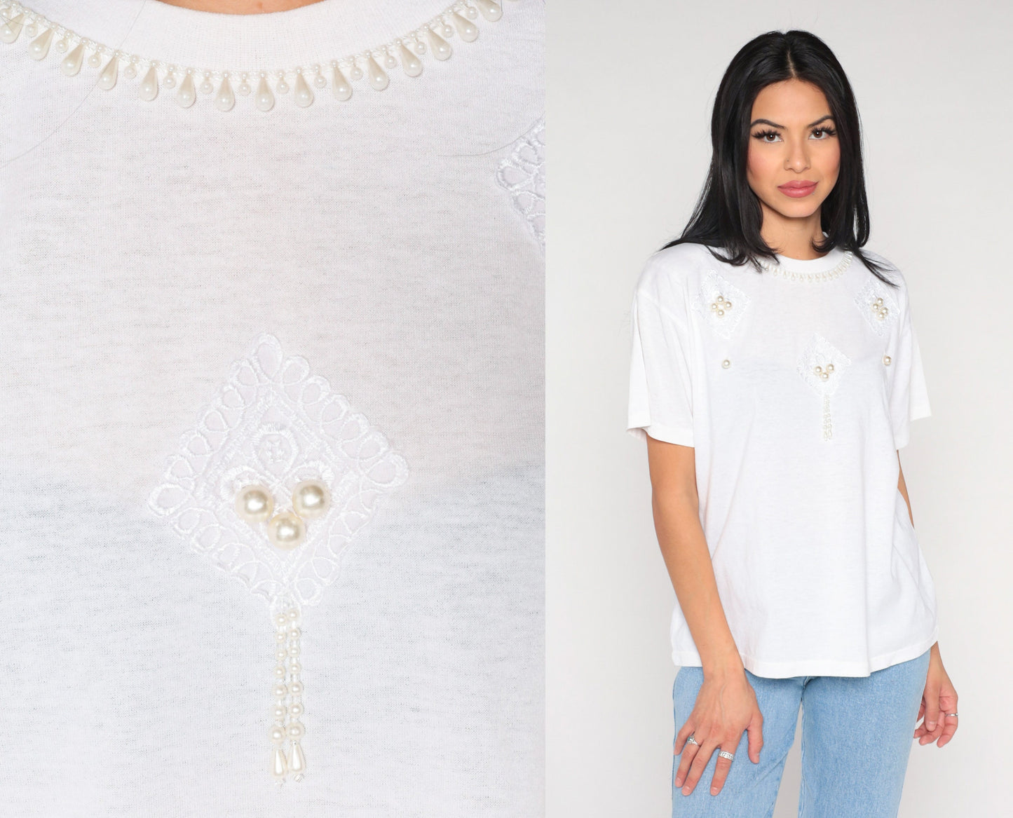 90s Pearl Beaded White T-Shirt Embroidered Graphic Tee Medium
