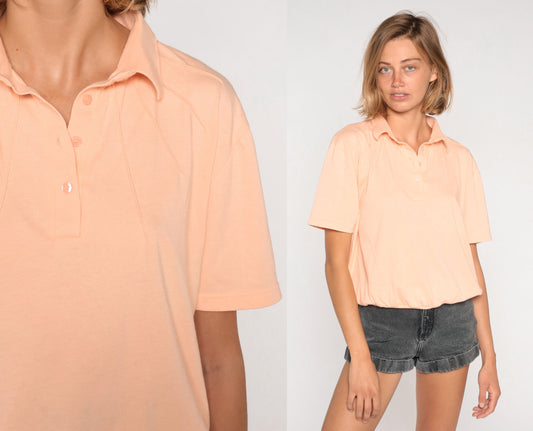 80s Peach Polo Shirt Collared Cotton Blend Short Sleeve Large L