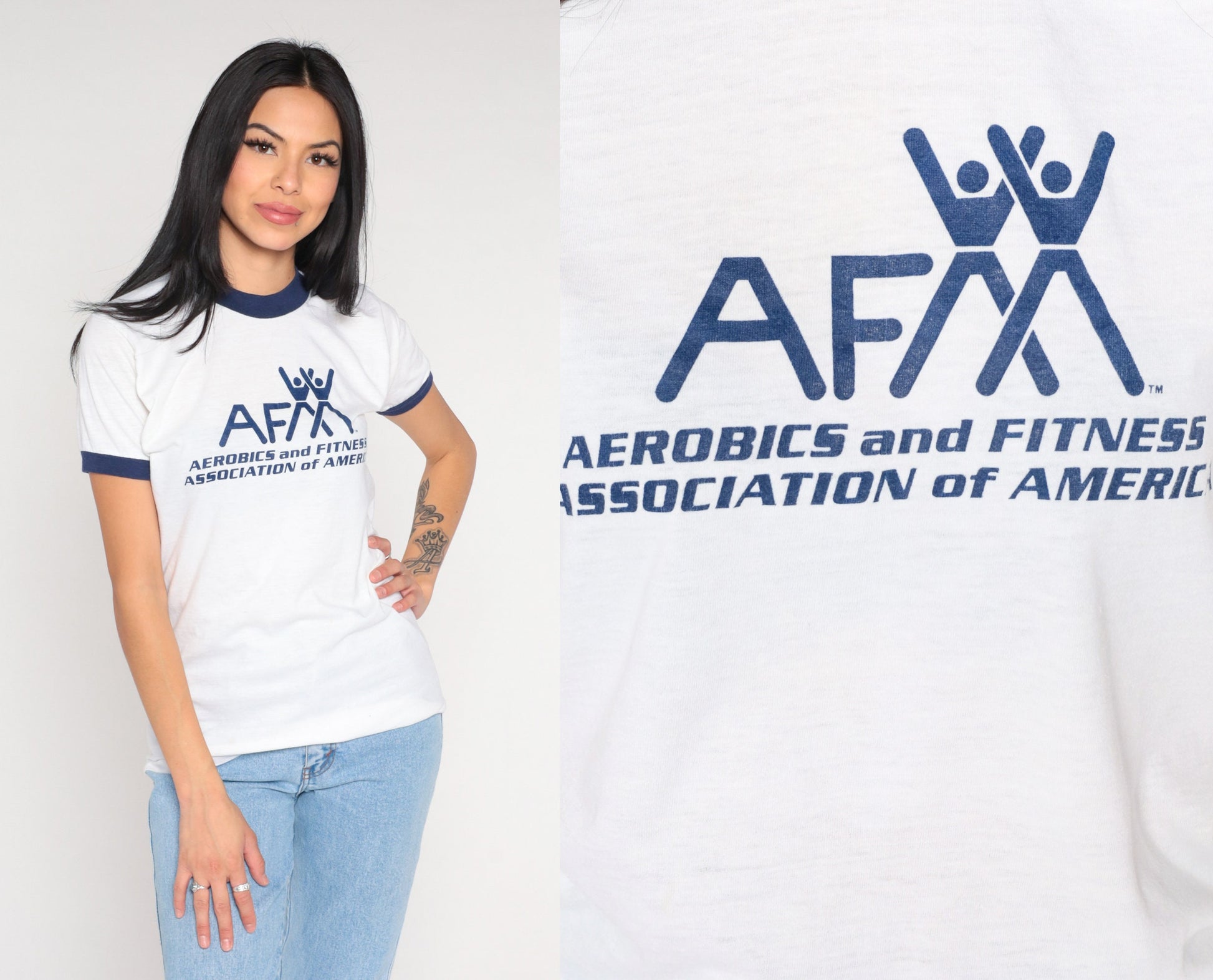 80s AFAA Athletics Fitness Association Ringer Tee White Graphic Small