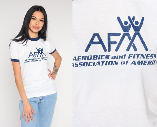 80s AFAA Athletics Fitness Association Ringer Tee White Graphic Small