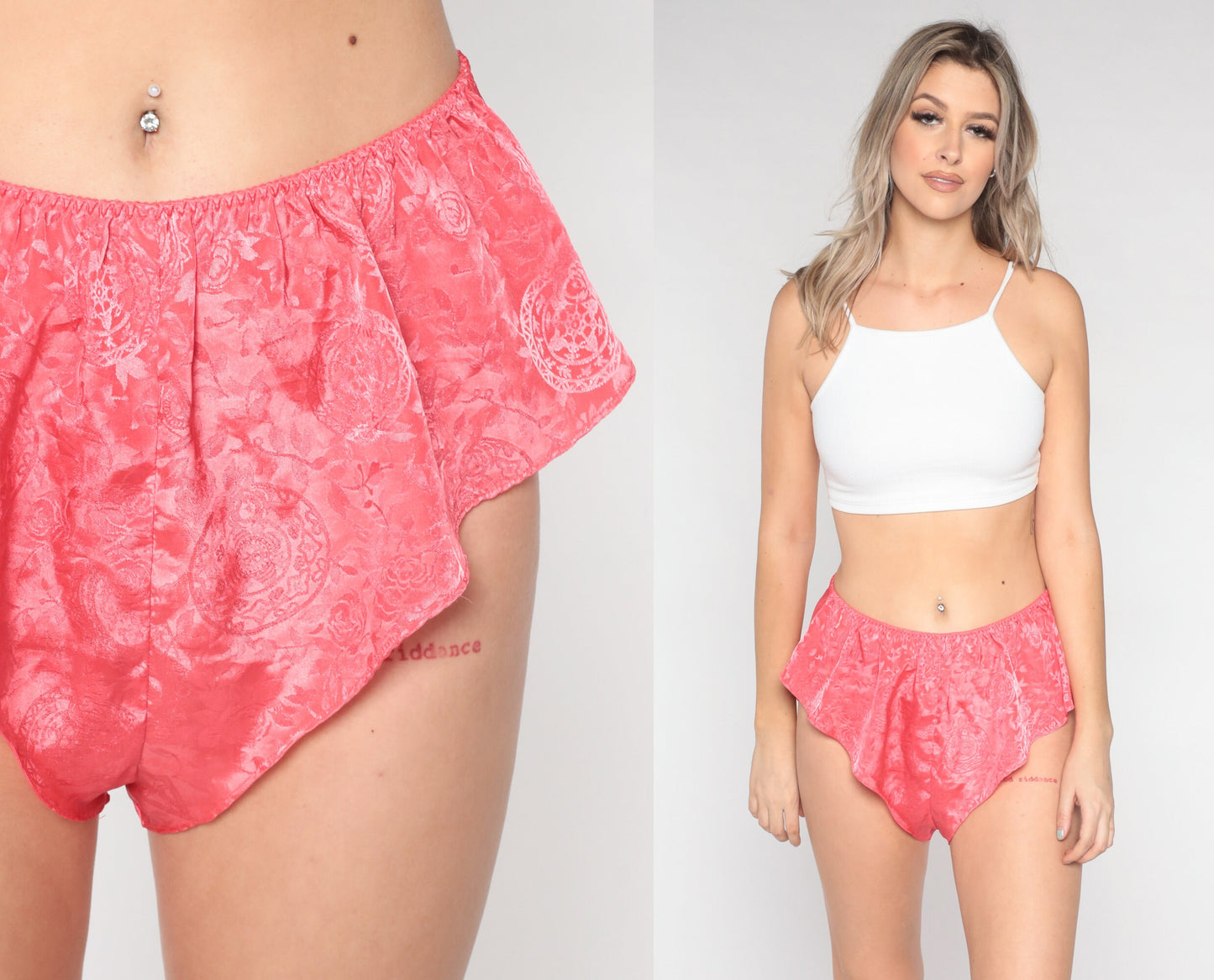 90s Victoria's Secret Tap Shorts Coral Satin Embossed Floral Sleep Shorts Large