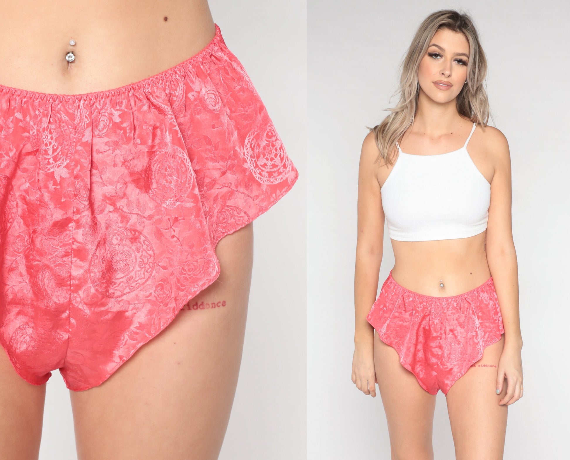90s Victoria's Secret Tap Shorts Coral Satin Embossed Floral Sleep Shorts Large