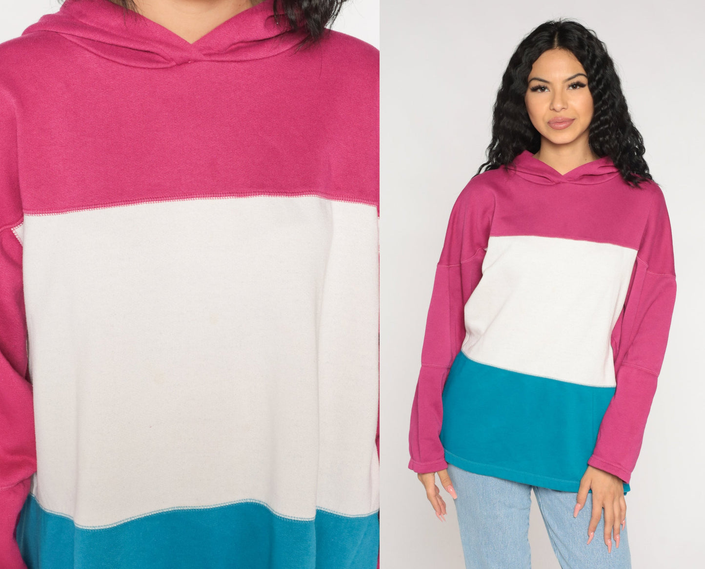 90s Color Block Hoodie White Pink Blue Striped Sweatshirt Large L