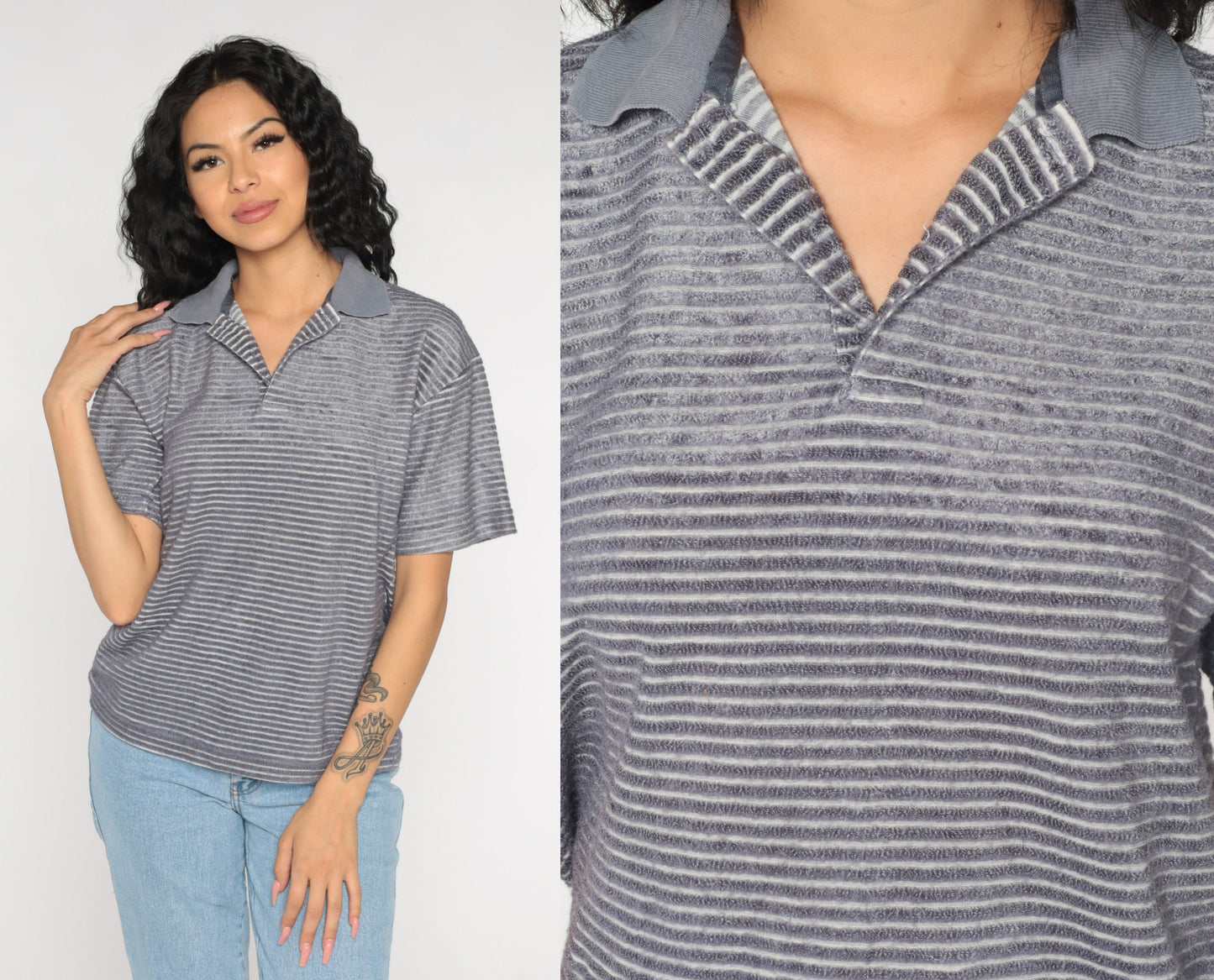 90s Grey Striped Terry Cloth Polo Shirt Half Button Collared Medium M
