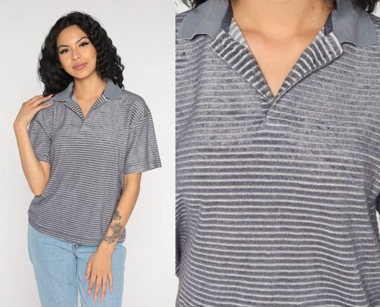 90s Grey Striped Terry Cloth Polo Shirt Half Button Collared Medium M