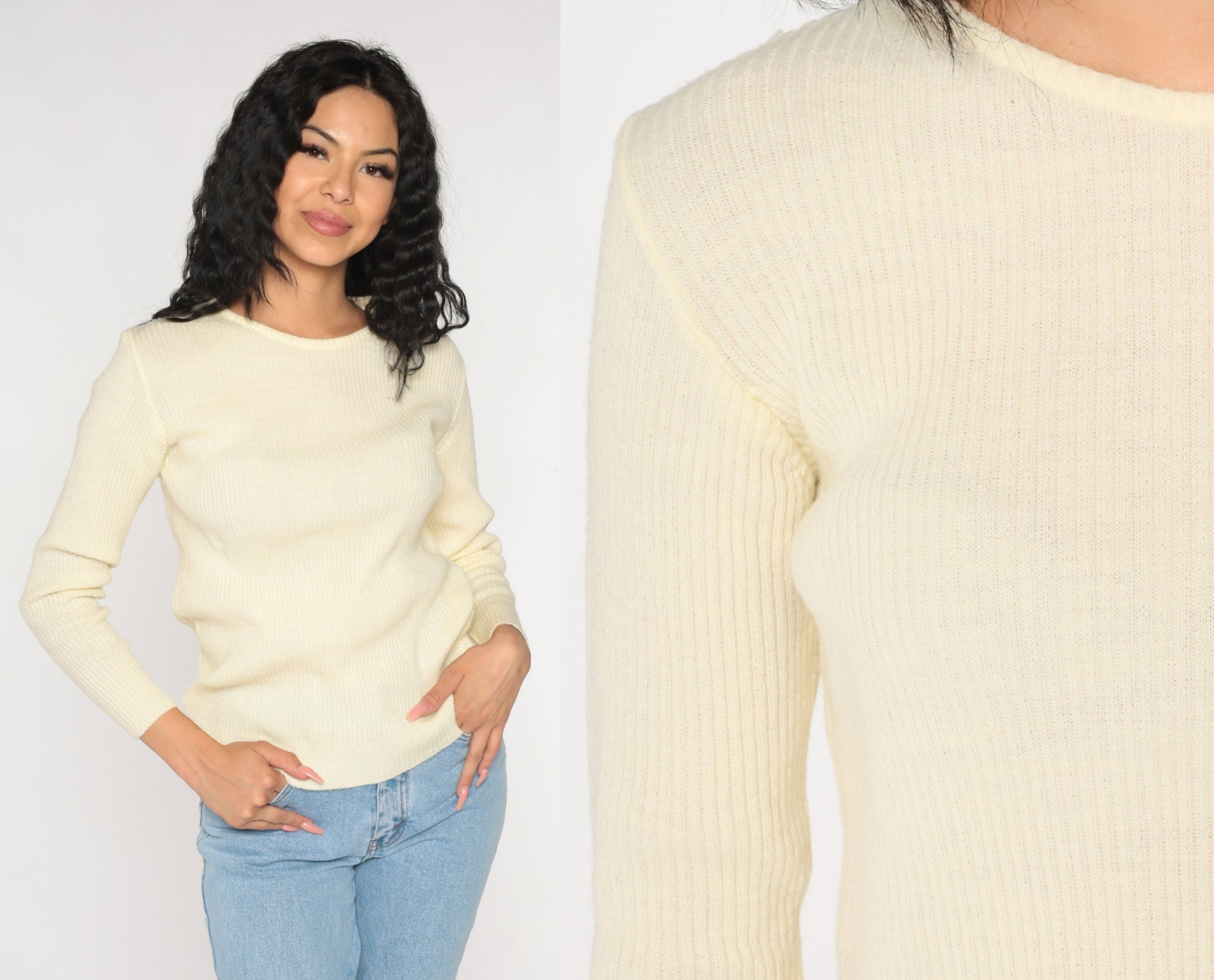 70s Cream Ribbed Knit Crewneck Pullover Sweater Small Medium