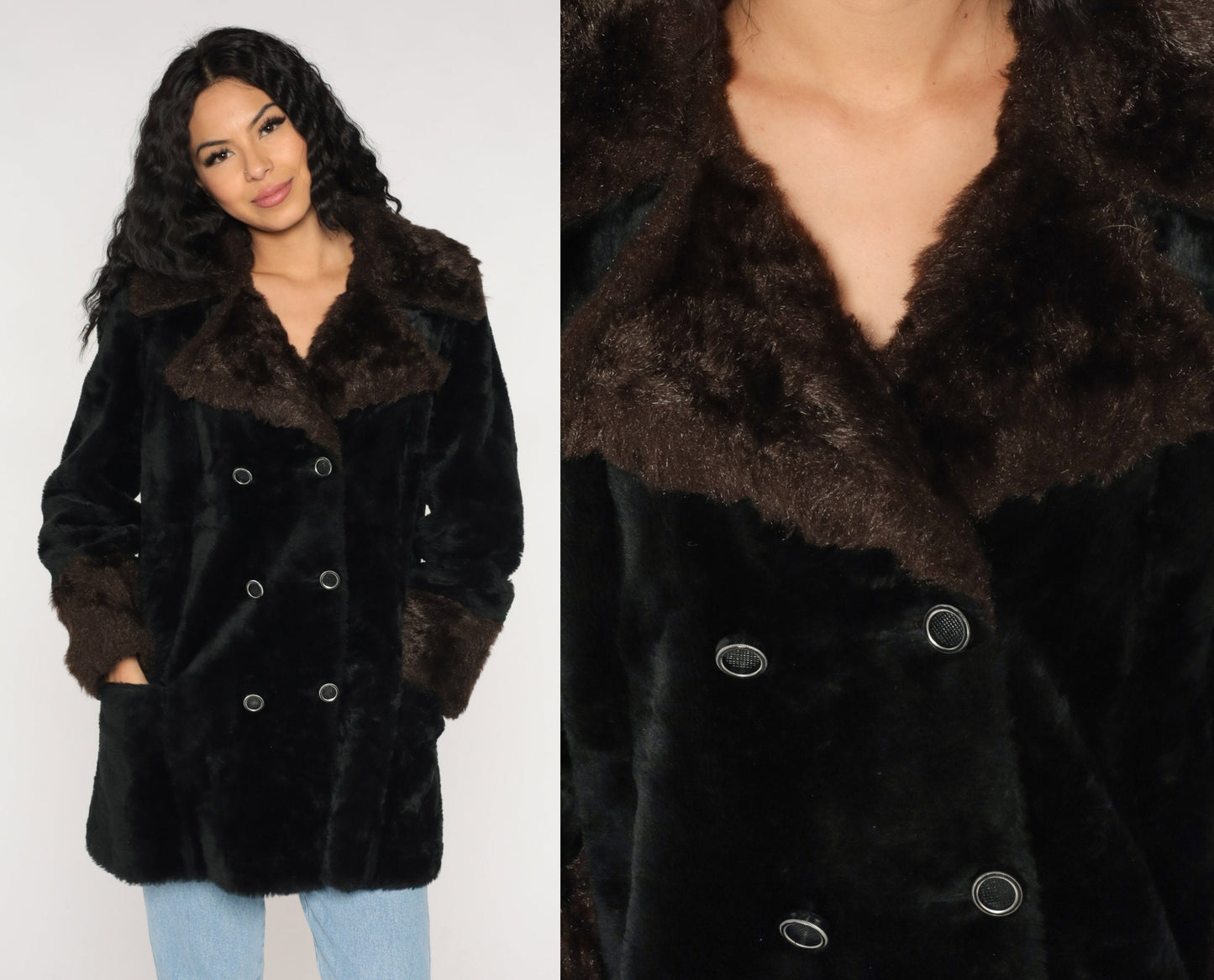 70s Black Faux Fur Coat Double Breasted Collar Brown Trim Small