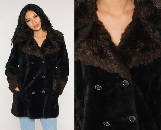 70s Black Faux Fur Coat Double Breasted Collar Brown Trim Small