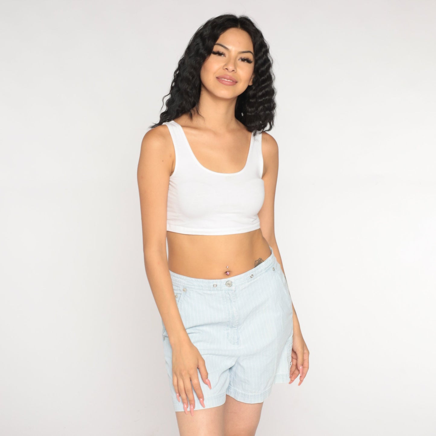 Y2K Ralph Lauren Striped Denim Shorts High Waist Blue White Medium