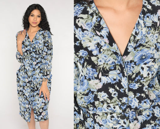 90s Black Floral Midi Dress Button-Up Long Sleeve High Waist Pencil Cut Pockets Small