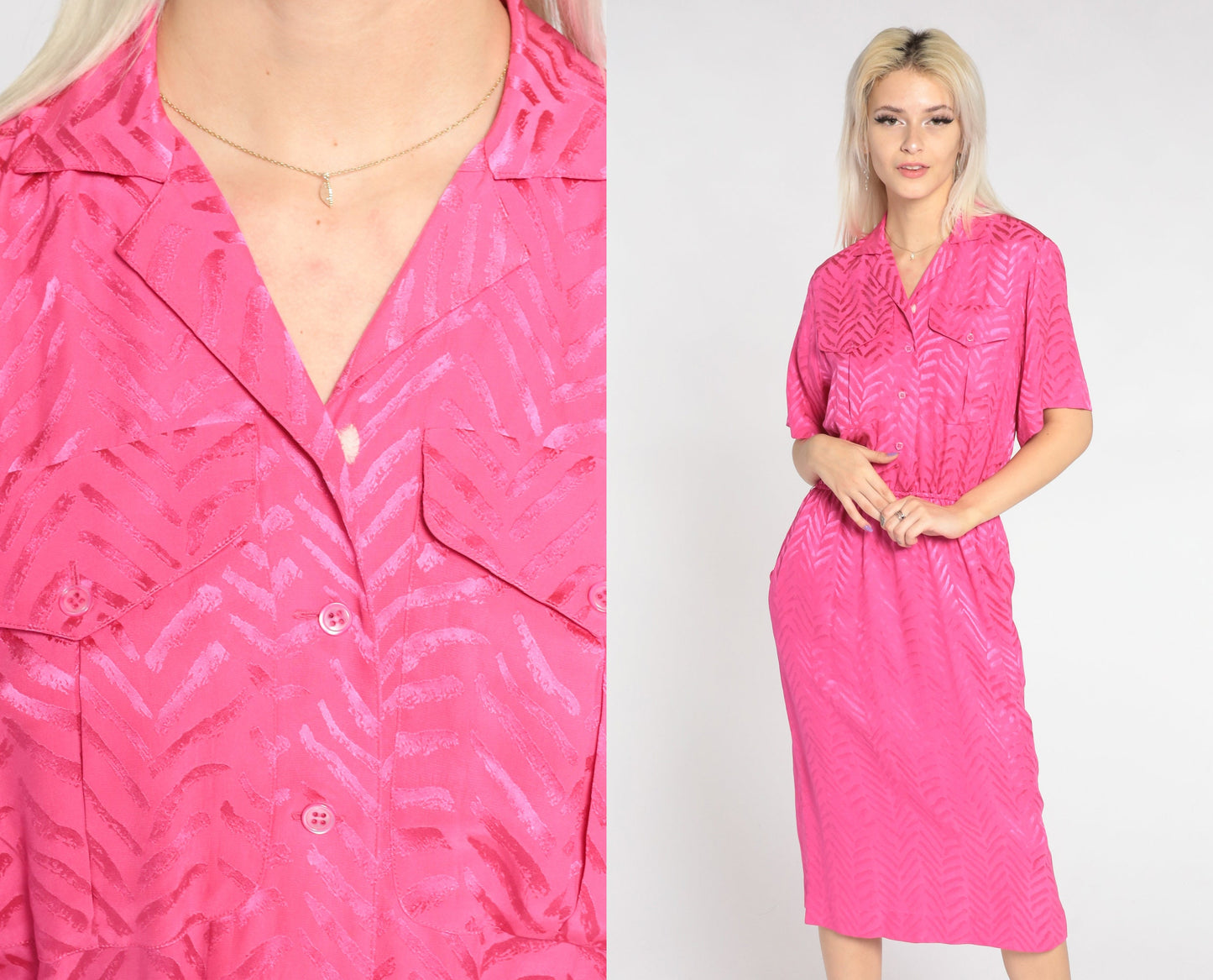 90s Liz Claiborne Hot Pink Silk Midi Dress Embossed Chevron Shirtwaist Small