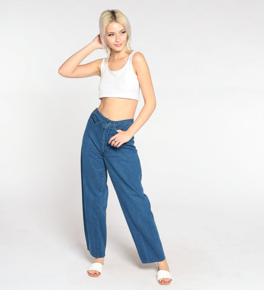90s High Waisted Straight Leg Jeans Blue Denim Stitchwork Small S