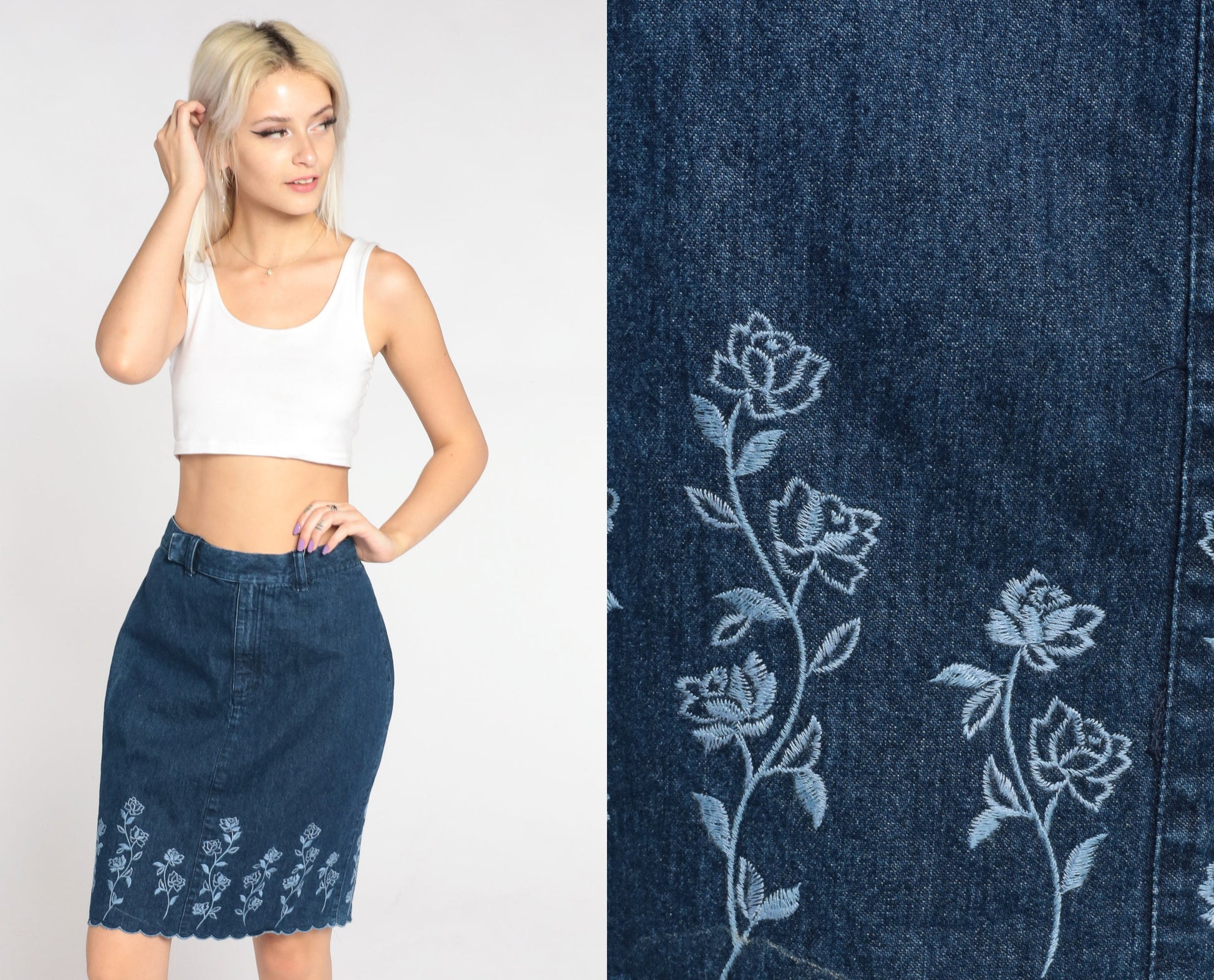 00s Liz Claiborne Floral Embroidered Denim Mini Skirt Dark Blue High Waisted Small