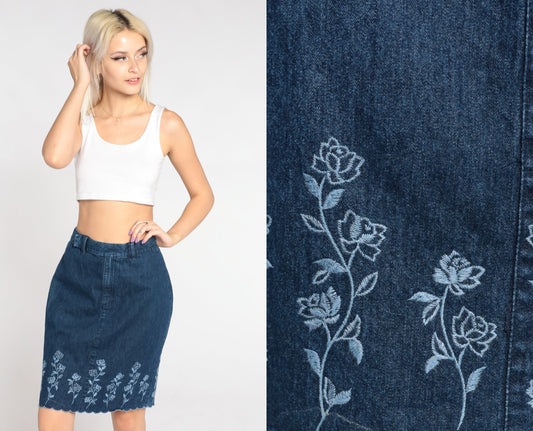 00s Liz Claiborne Floral Embroidered Denim Mini Skirt Dark Blue High Waisted Small