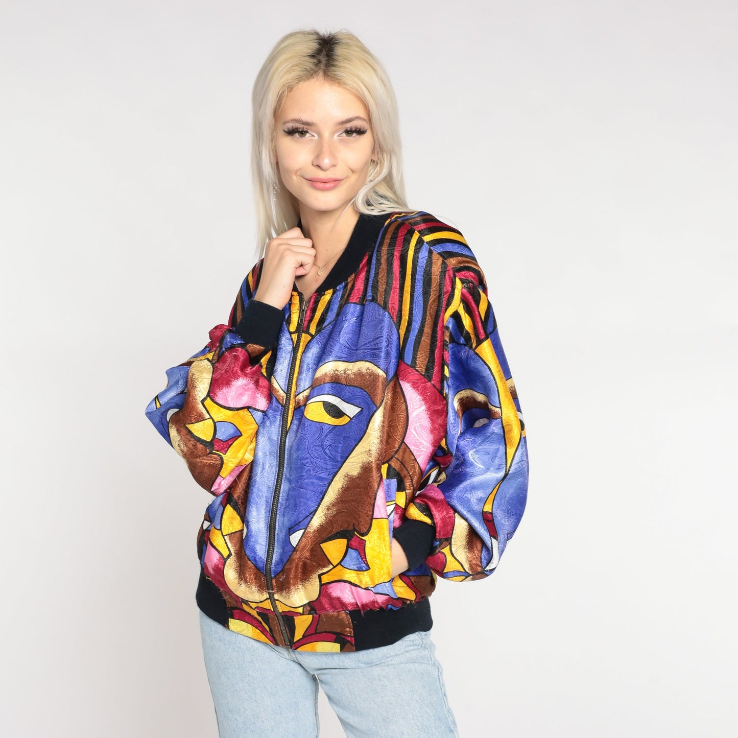 90s Psychedelic Face Print Zip Bomber Jacket Medium Large