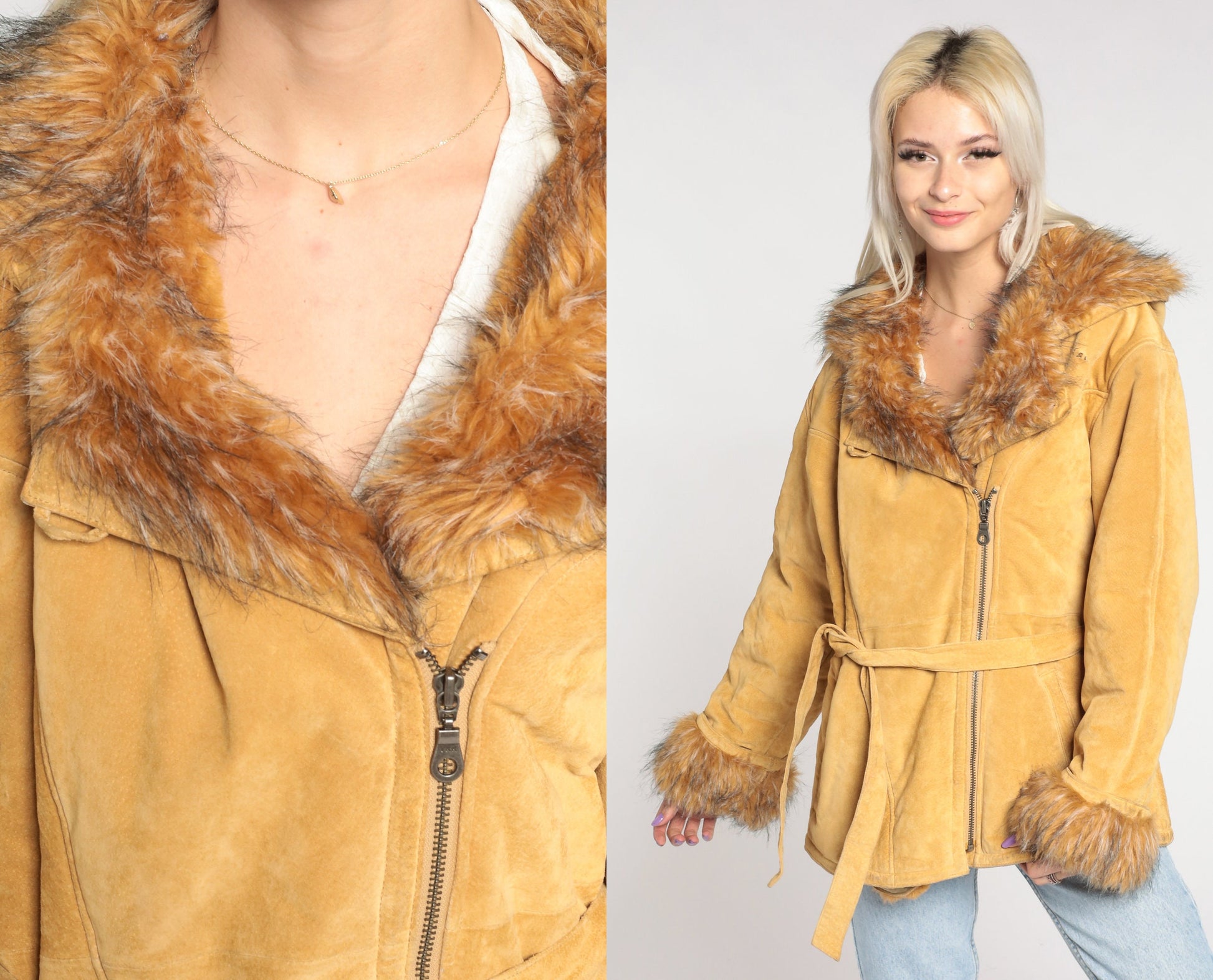 70s Suede Hooded Jacket Faux Fur Trim Belted Tan Leather Large L