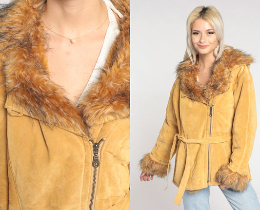 70s Suede Hooded Jacket Faux Fur Trim Belted Tan Leather Large L