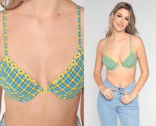 90s Plaid Underwire Demi Bra Blue Yellow Floral Lace Trim 34C