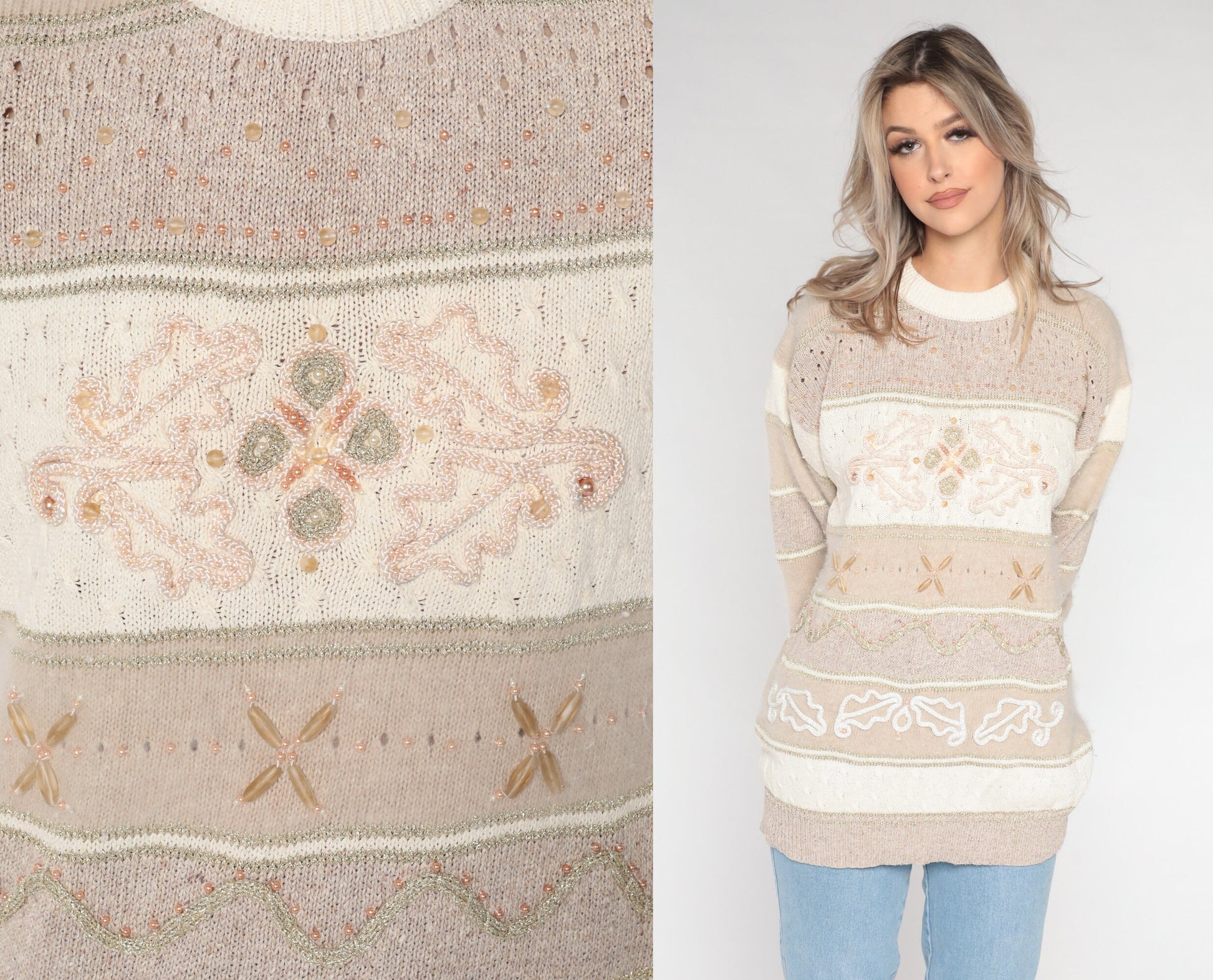 90s Tan Beaded Cutout Pullover Sweater Silk Wool Blend Extra Large