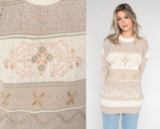 90s Tan Beaded Cutout Pullover Sweater Silk Wool Blend Extra Large