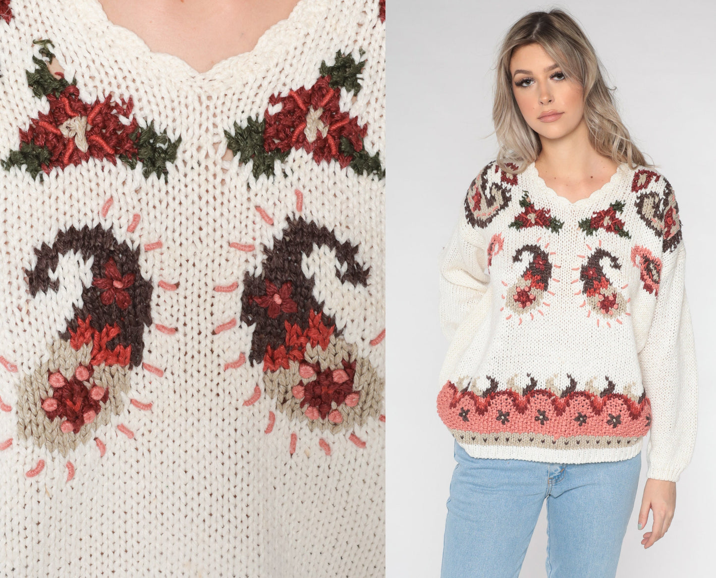 90s White Floral Paisley Embroidered Sweater Scalloped Neckline Large