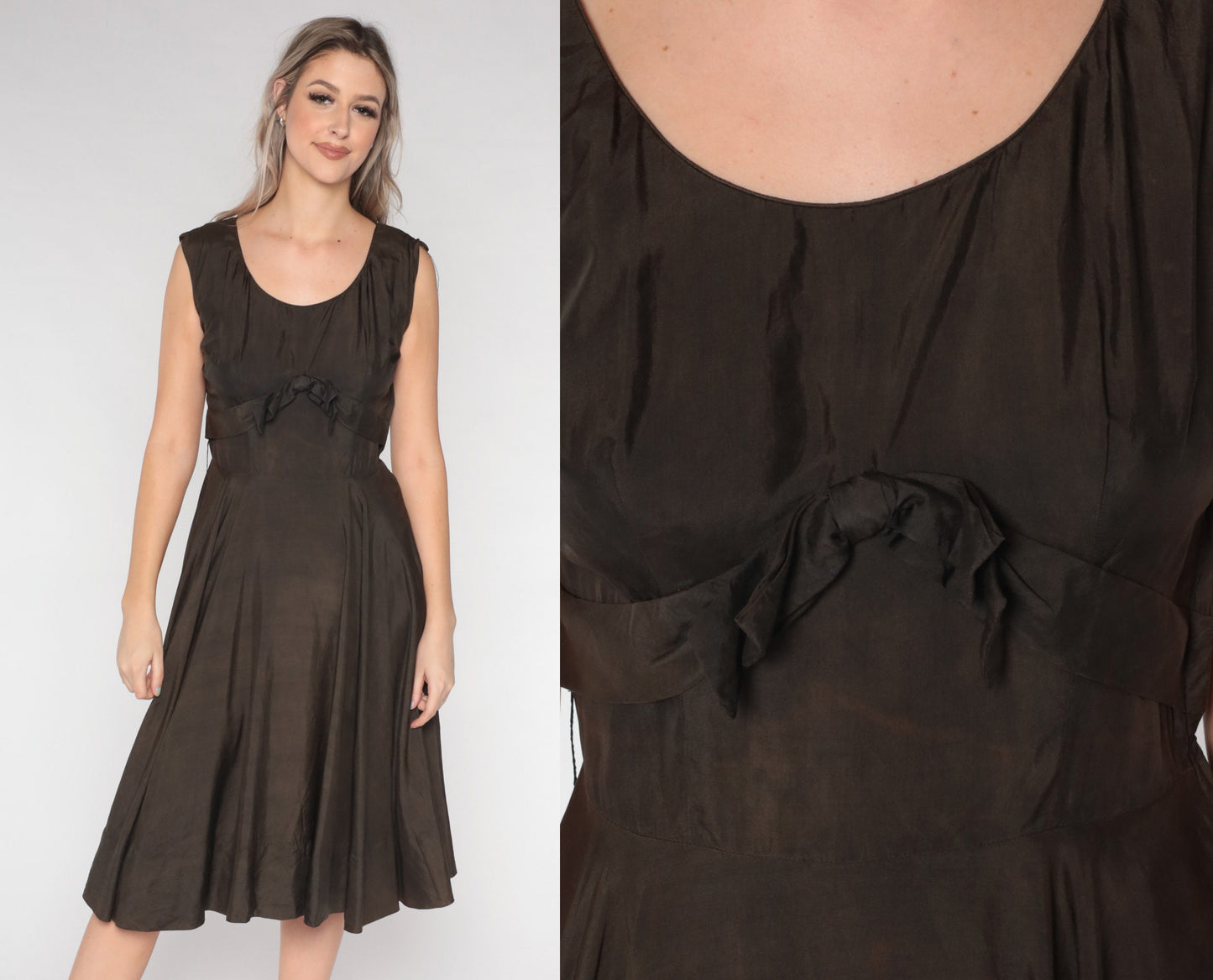 1950s Saks Fifth Avenue Brown Silk Dress Bow High Waist Tea Length Medium