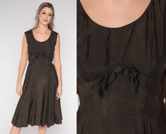 1950s Saks Fifth Avenue Brown Silk Dress Bow High Waist Tea Length Medium
