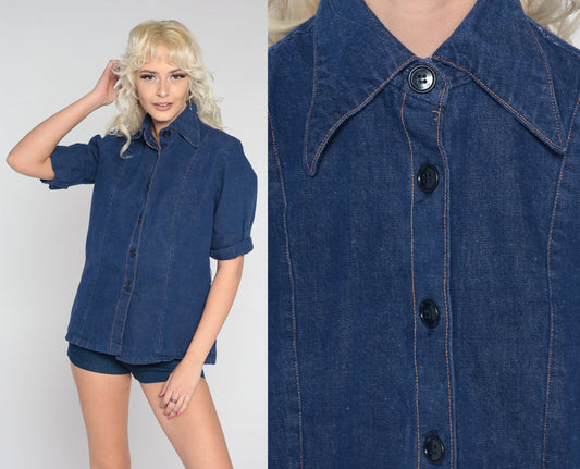 70s Dark Blue Denim Button-Up Shirt Short Sleeve Jean Blouse Small S