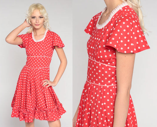 70s Red Polka Dot Mini Dress Flutter Sleeve Full Skirt High Waist Extra Small