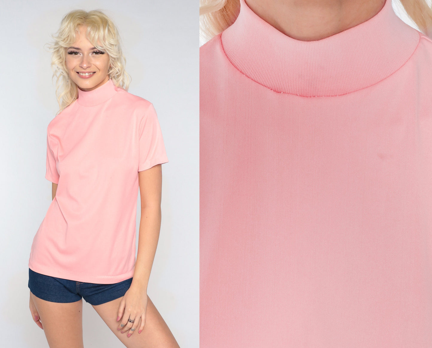 70s Mock Neck Shirt Peach Pink Short Sleeve Blouse Small S