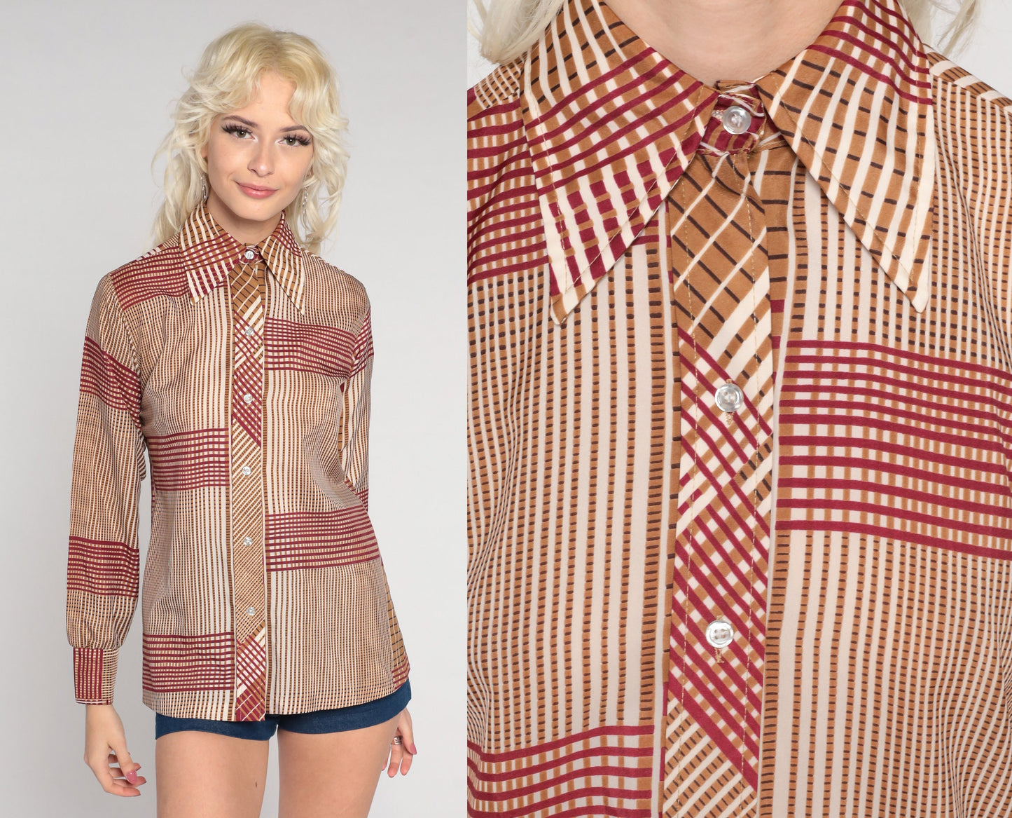 70s Checkered Button-Up Shirt Red Brown Dagger Collar Long Sleeve Small