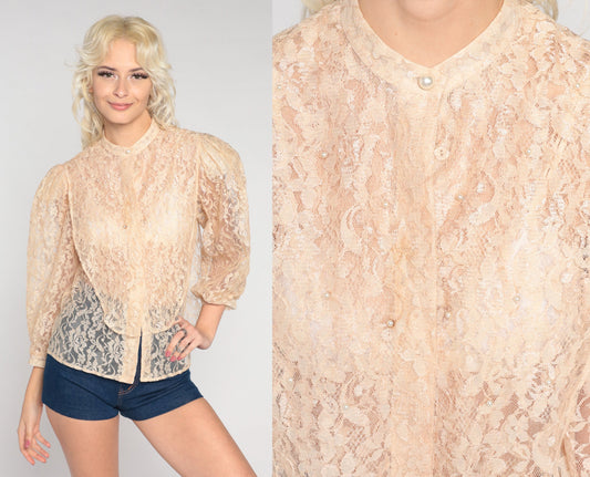 80s I Magnin Cream Lace Blouse Pearl Beaded Puff Sleeve Button-Up Small