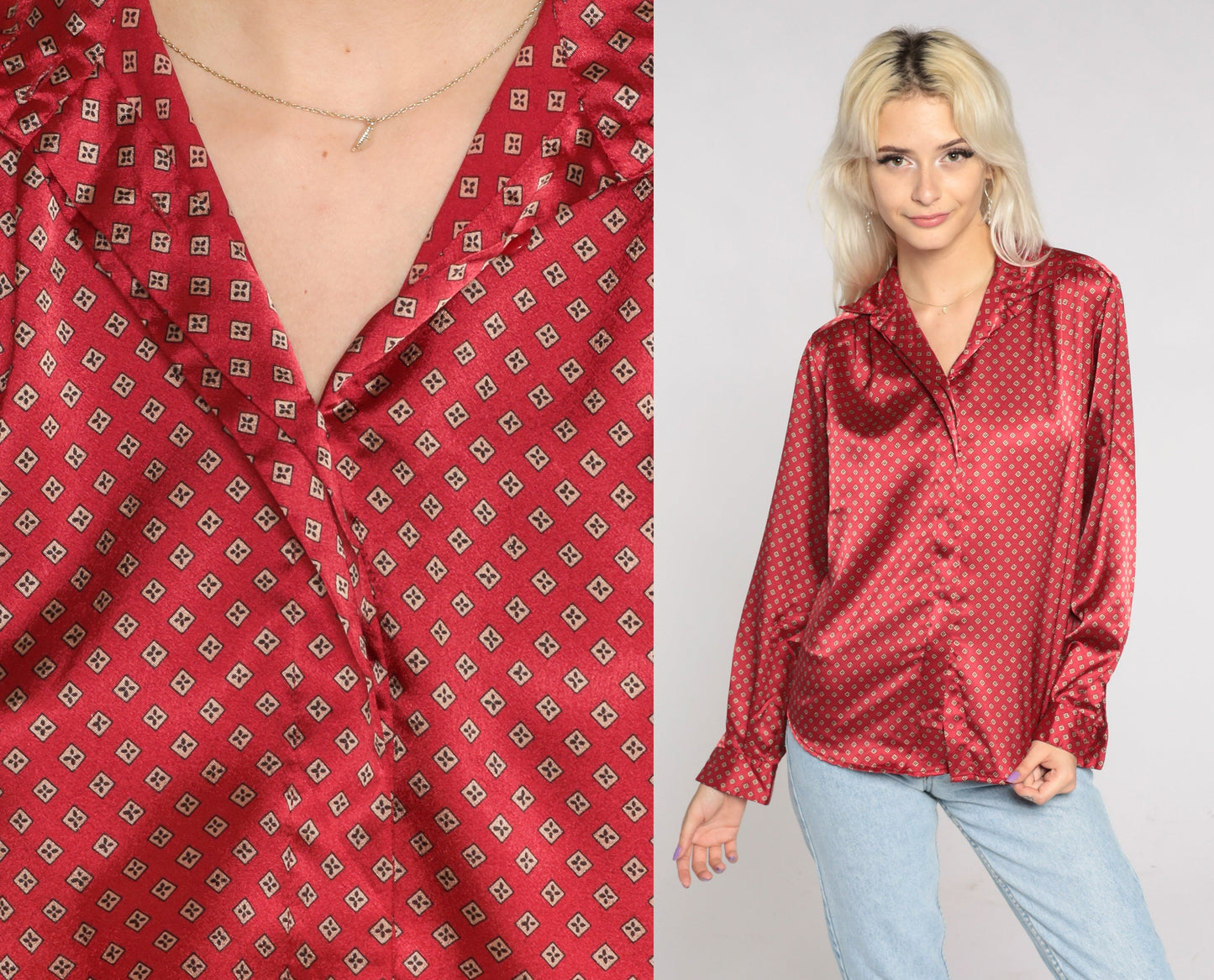 90s Red Satin Geometric Button-Up Blouse Long Sleeve Small