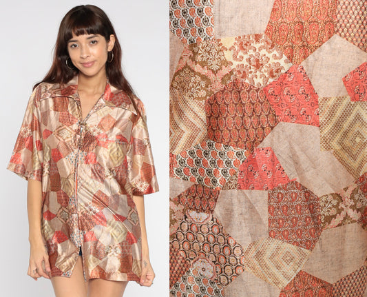 70s Patchwork Paisley Zip Shirt Short Sleeve Psychedelic Blouse Large