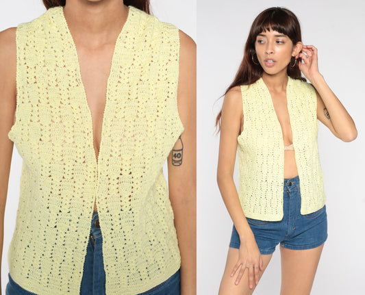 70s Crochet Vest Pale Yellow Knit Open Front Sleeveless Small