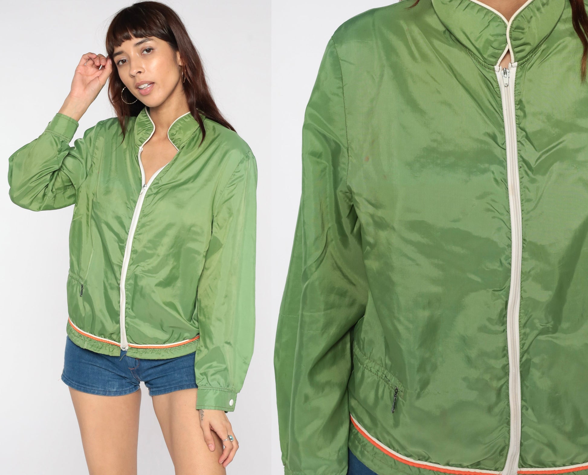 70s Green Windbreaker Jacket Nylon Zip-Up Orange White Trim Small