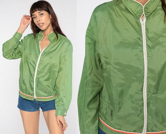 70s Green Windbreaker Jacket Nylon Zip-Up Orange White Trim Small