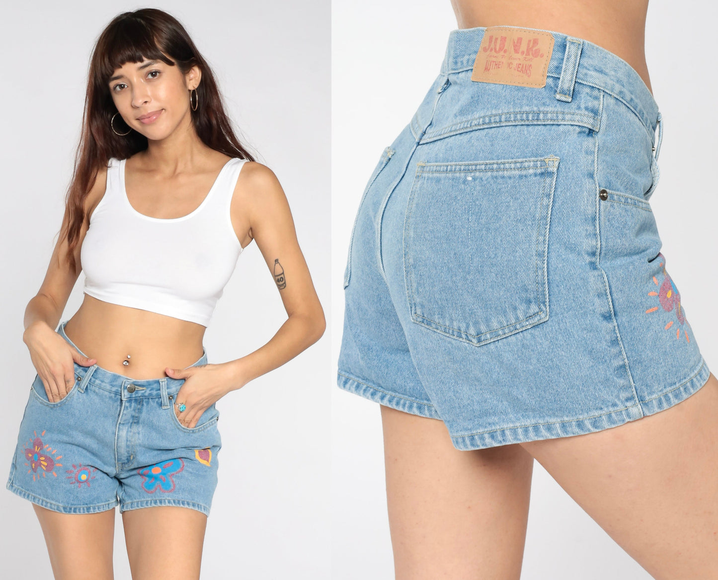 90s Junk Jeans Denim Shorts Painted Flower Heart Print Blue Medium
