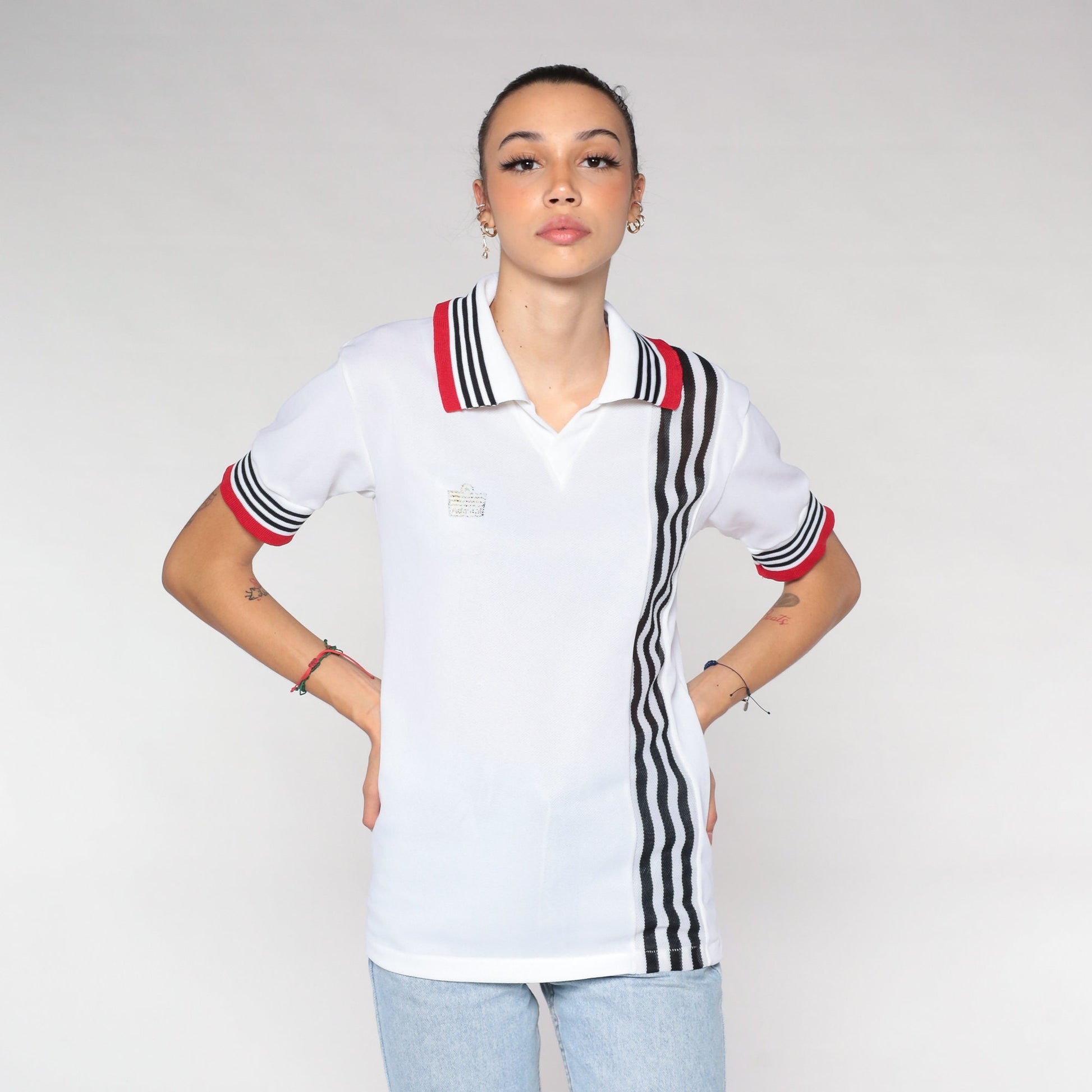 90s Admiral Polo Shirt White Red Black Striped Small S