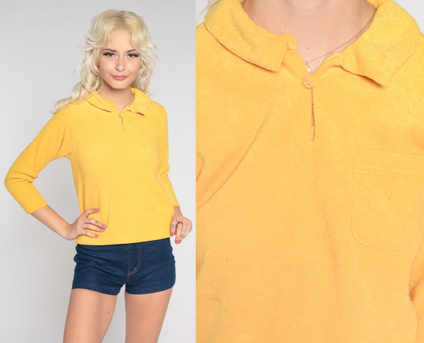 00s Yellow Terry Cloth Polo Shirt Long Sleeve Collared Blouse Extra Small