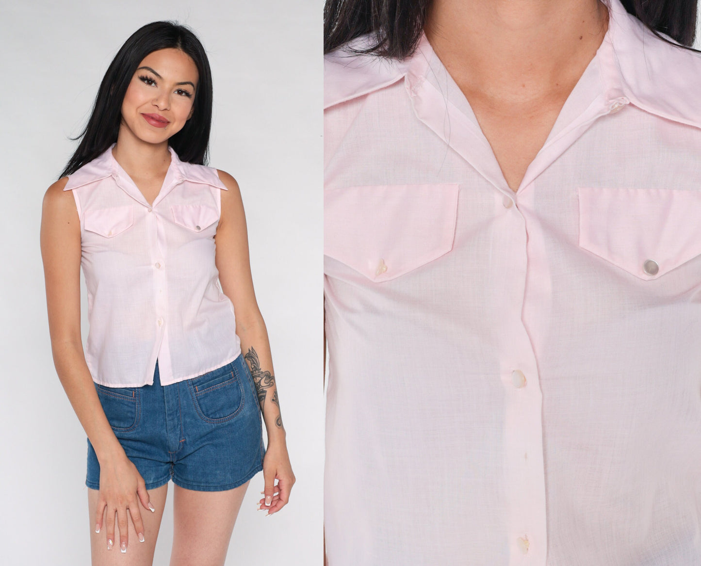 70s Baby Pink Tank Top Button-Up Blouse Dagger Collar Sleeveless XXS
