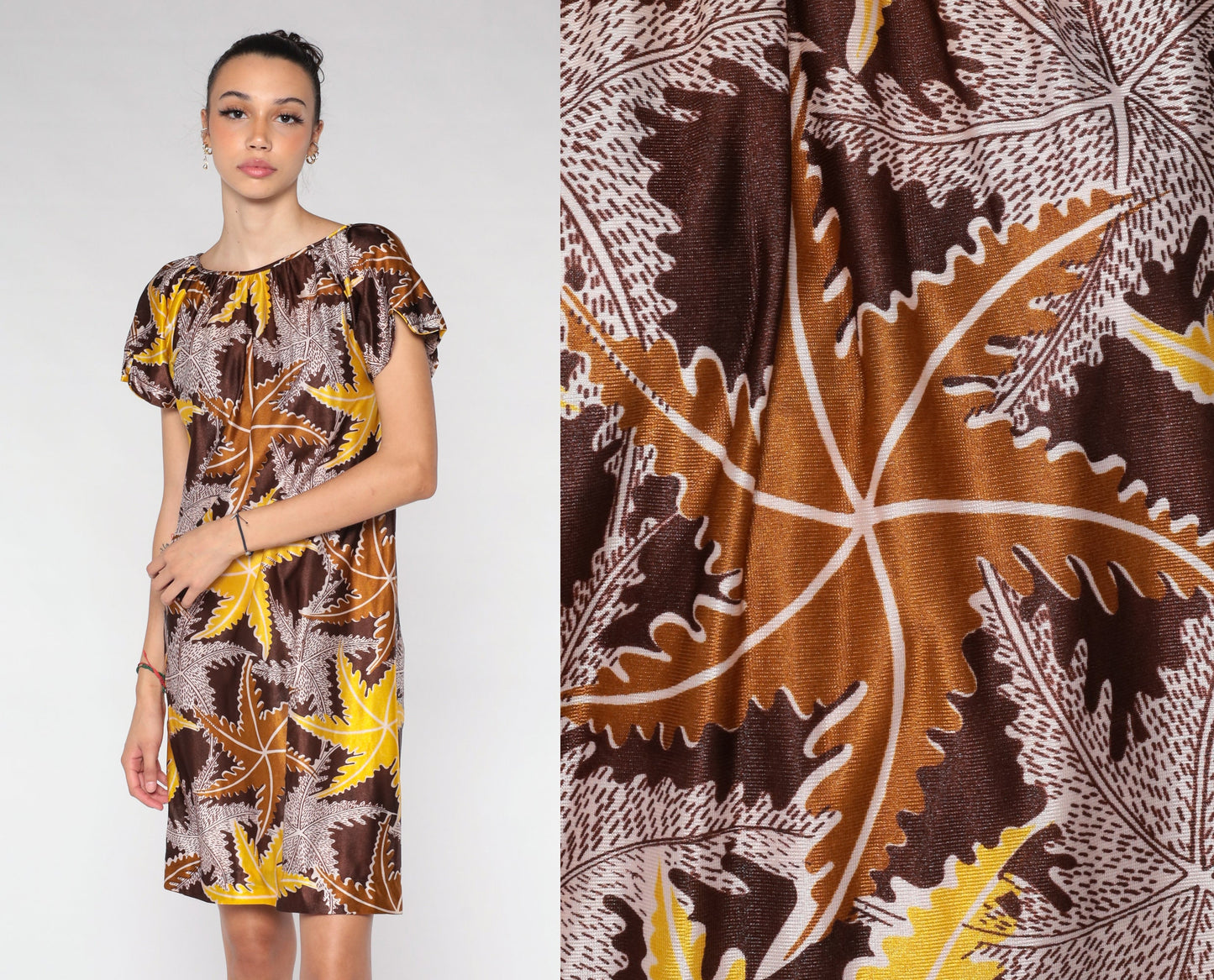 70s Leaf Print Mini Dress Brown Tent Cut Short Sleeve Small