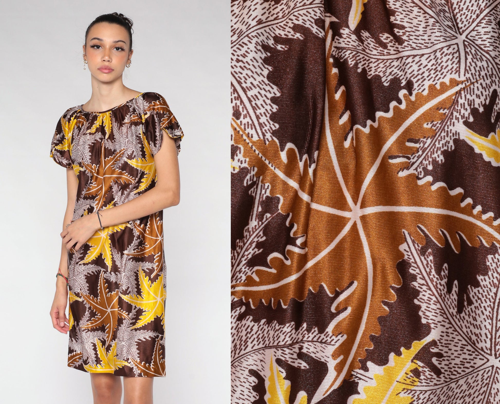 70s Leaf Print Mini Dress Brown Tent Cut Short Sleeve Small