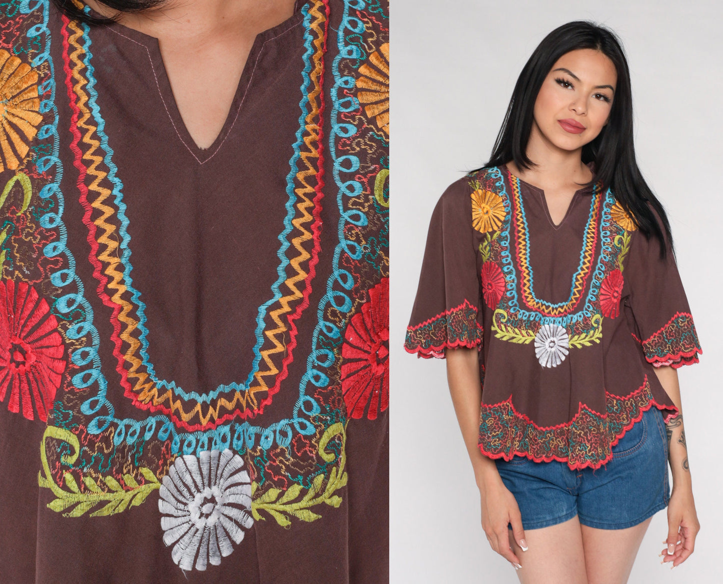 00s Embroidered Floral Bell Sleeve Tunic White Cotton Small
