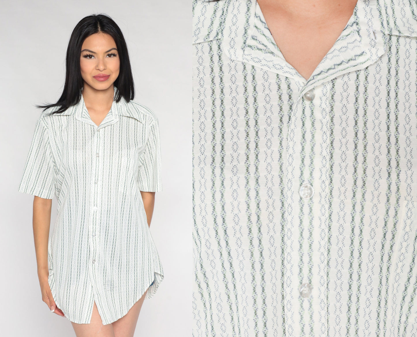70s Sears White Striped Oxford Button-Up Shirt Green Blue Short Sleeve Medium
