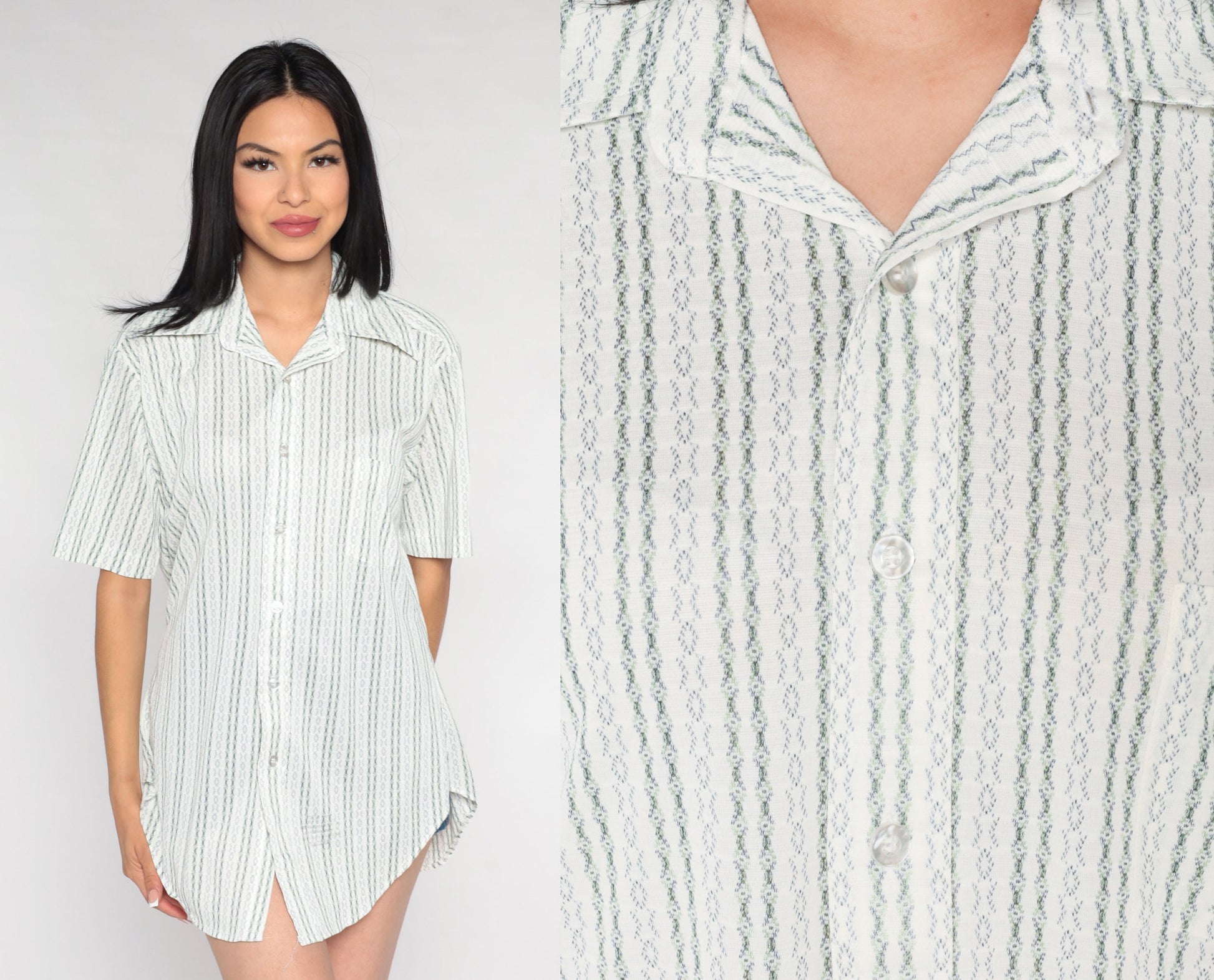 70s Sears White Striped Oxford Button-Up Shirt Green Blue Short Sleeve Medium